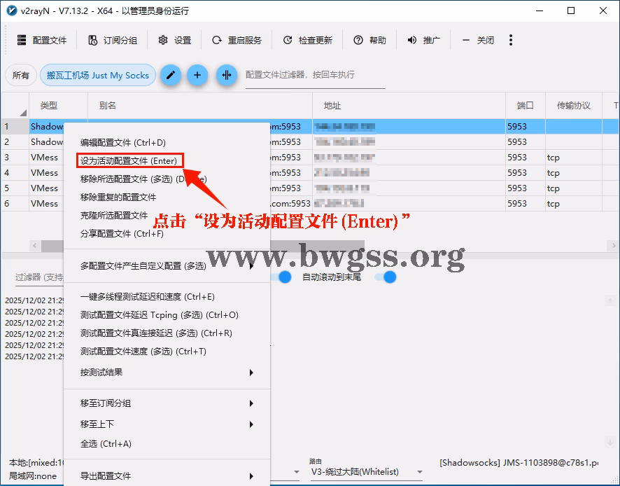 v2rayN 右键设为“设为活动配置文件(Enter)”