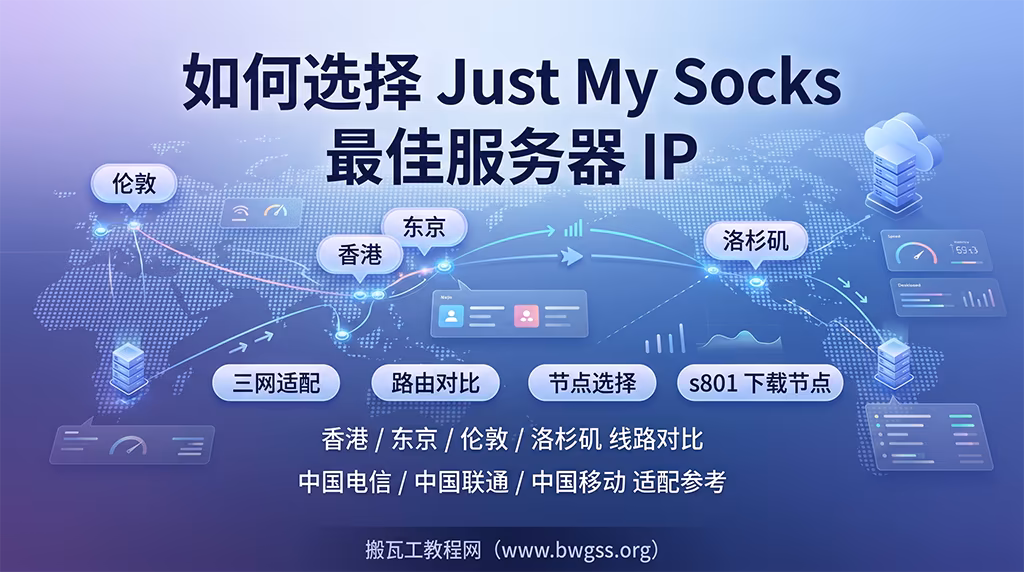如何选择 Just My Socks 最佳服务器 IP,香港东京伦敦洛杉矶节点线路对比与 s801 下载节点说明