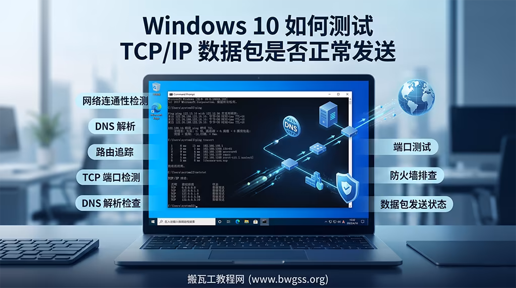 Windows 10 测试 TCP/IP 数据包是否正常发送的网络检测示意图