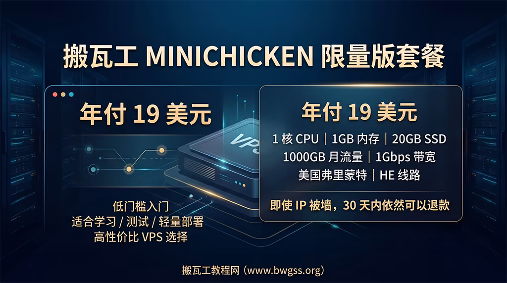 搬瓦工 MINICHICKEN 限量版套餐,年付19美元,1核1GB内存20GB SSD,HE线路,支持30天内退款