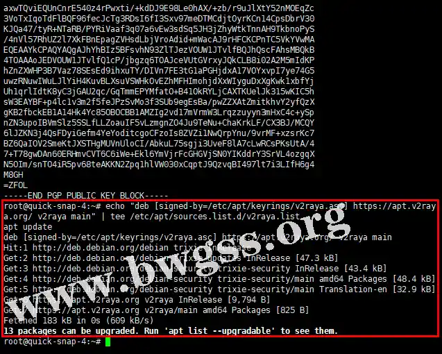 终端执行apt update命令后，显示正在读取软件包列表，并且包含了v2raya.org的源地址。