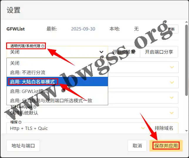 V2RayA的透明代理设置界面，高亮显示选择了“大陆白名单模式”。
