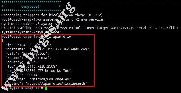 终端执行 curl ipinfo.io 命令后的返回结果，显示代理服务器的IP地址和地理位置。