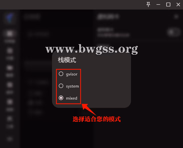 FlClash 虚拟网卡栈模式选择 gVisor/system/mixed