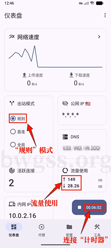Surfboard 仪表盘显示已连接状态，有明显的上传下载速率