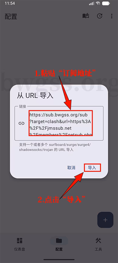 在 Surfboard 输入框中粘贴 bwgss 相关的订阅链接